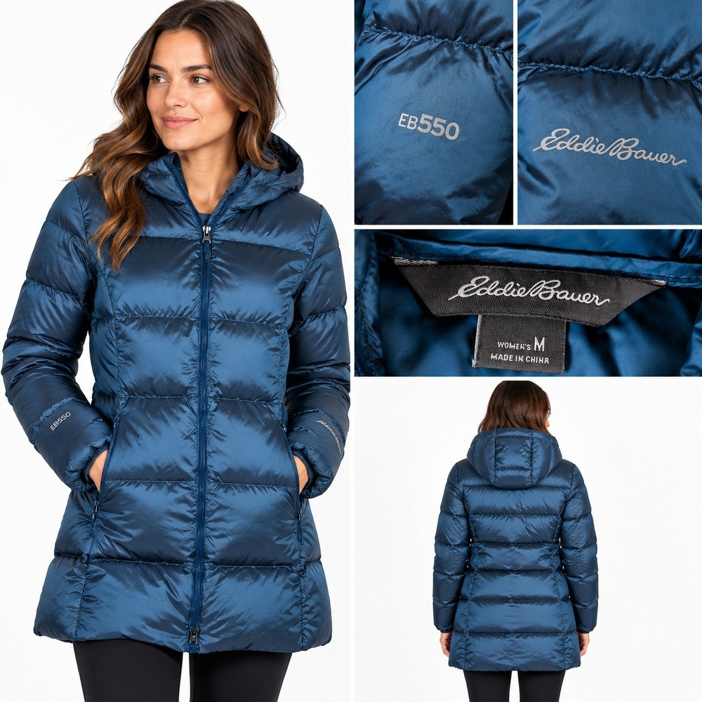 Eddie Bauer Luna Peak Down Parka Womens M Blue Nylon L/S Quilted EB550 1309847
